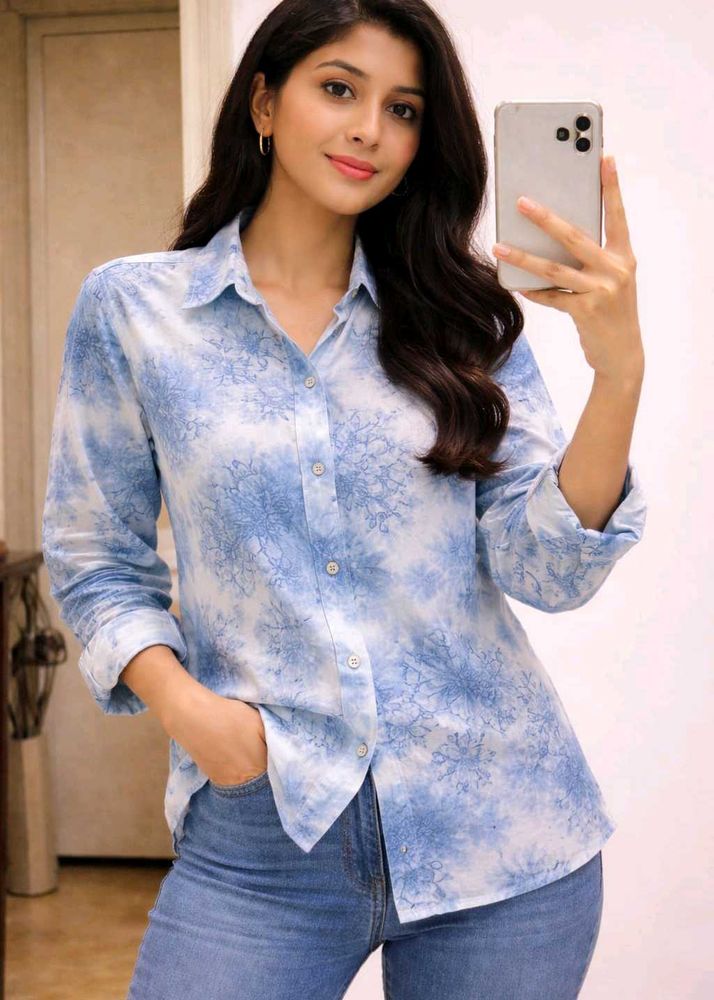 Blue Tie-Dye Floral Print Button-Up Shirt
