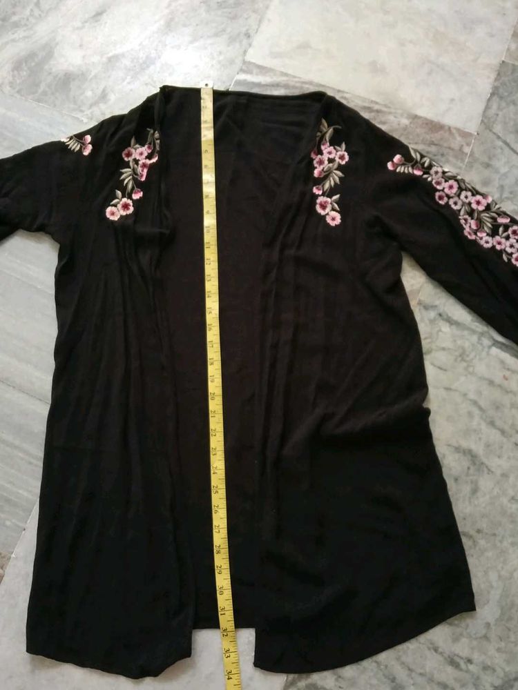 Black Embroidered Open Front Cardigan