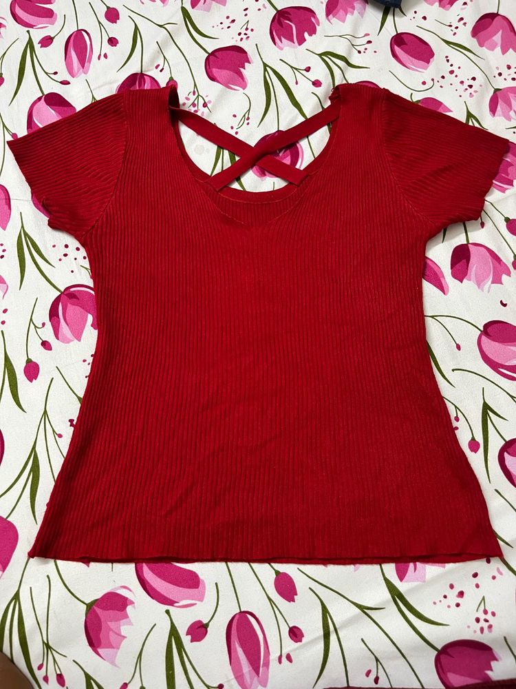 Red Ribbed Crossover Back Top