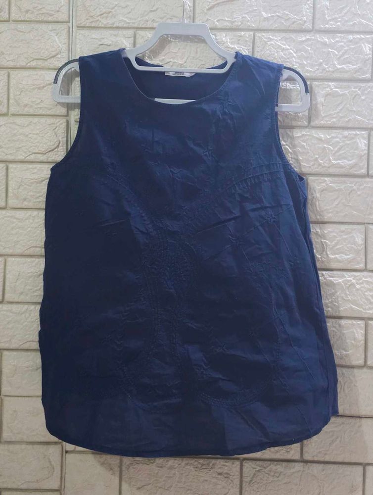 Mango Blue Sleeveless Embroidered Top