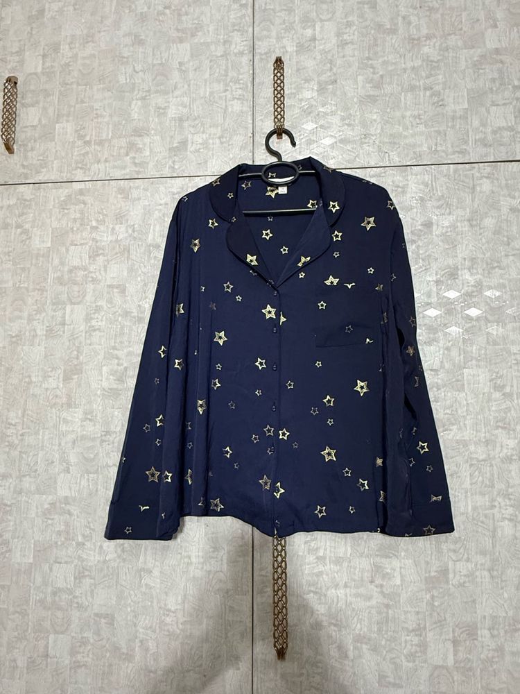 M&amp;S Navy Star Print Pajama Top