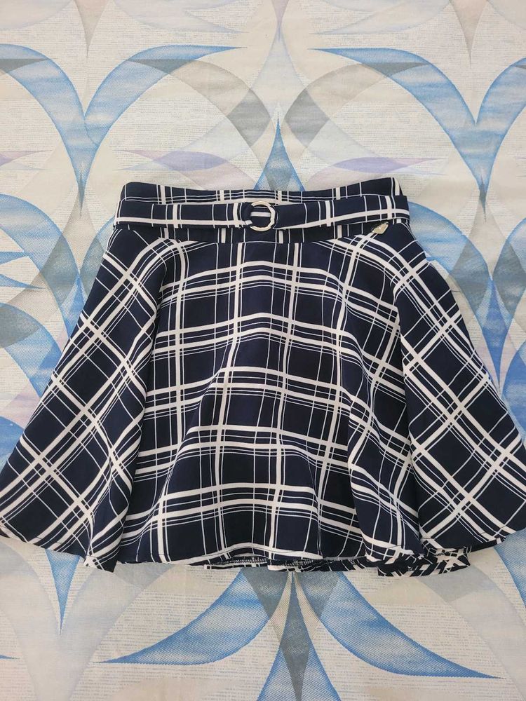 Navy Plaid Skirt with Belt