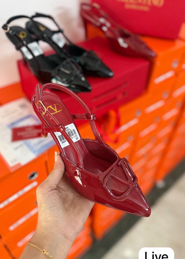 Red Patent V Slingback Heels
