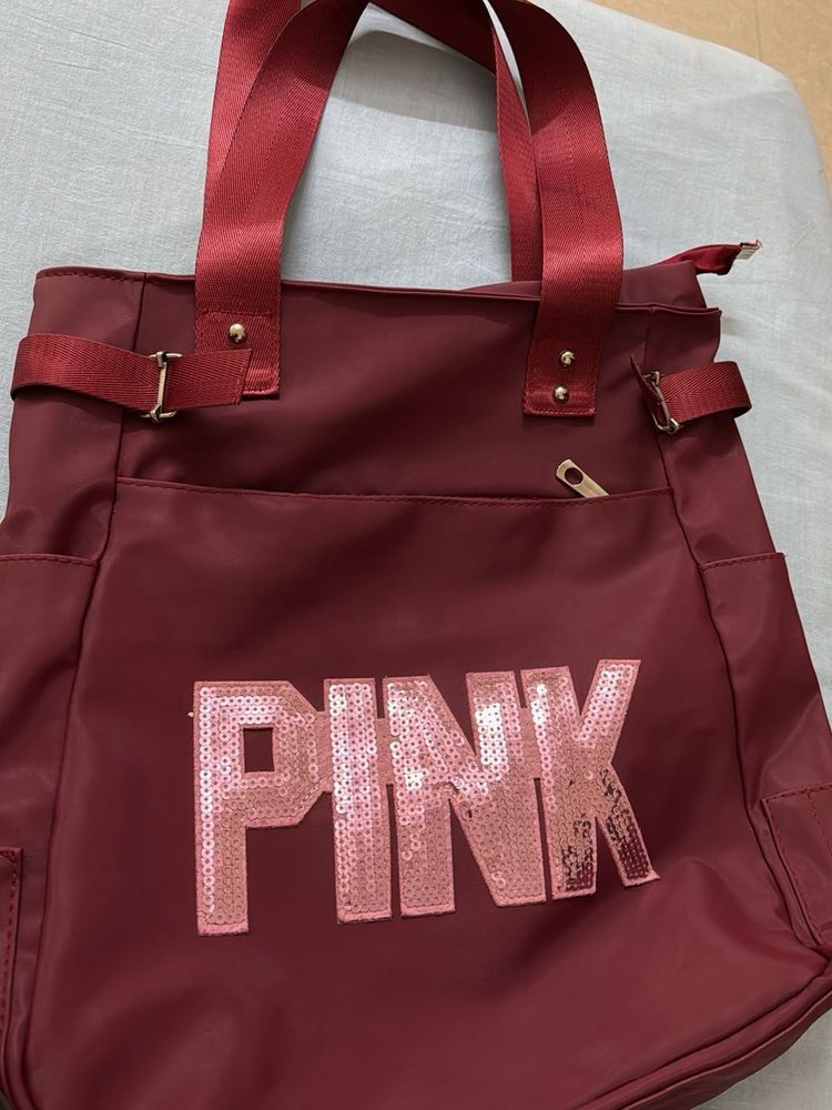 Maroon Tote Bag with Pink Sequins