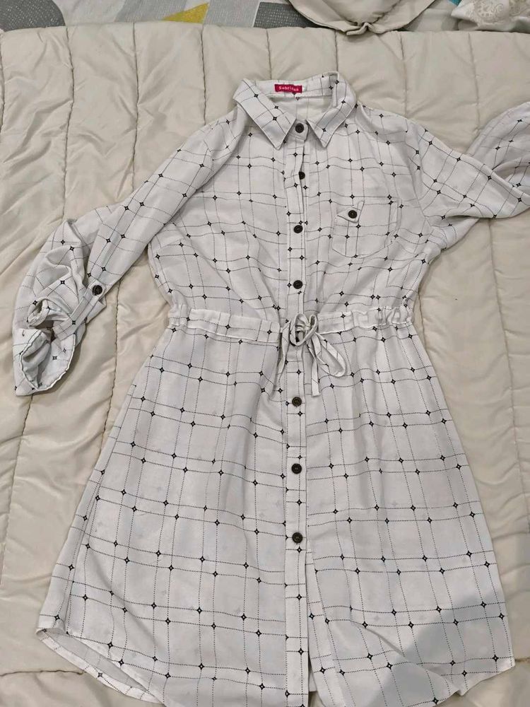 Chic White Checked Shirt Dress