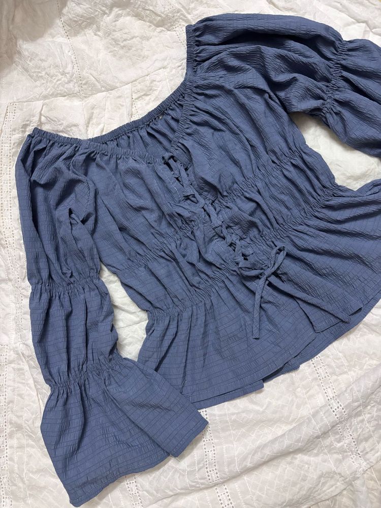 Blue Off-Shoulder Puff Sleeve Top