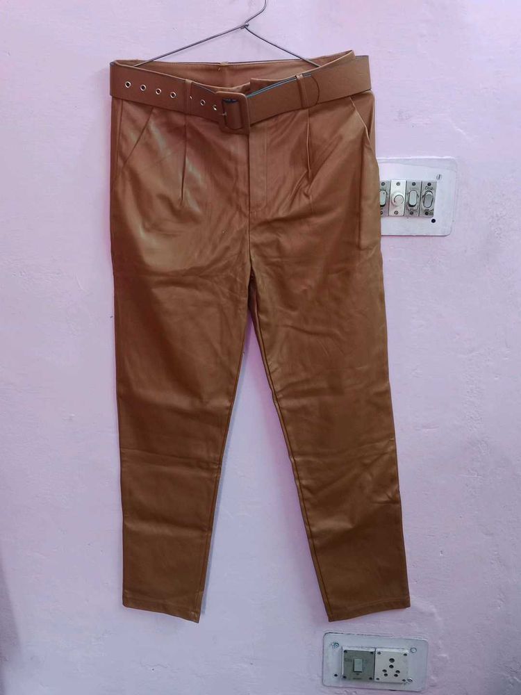 LEATHER BROWN PANTS WITH BELT