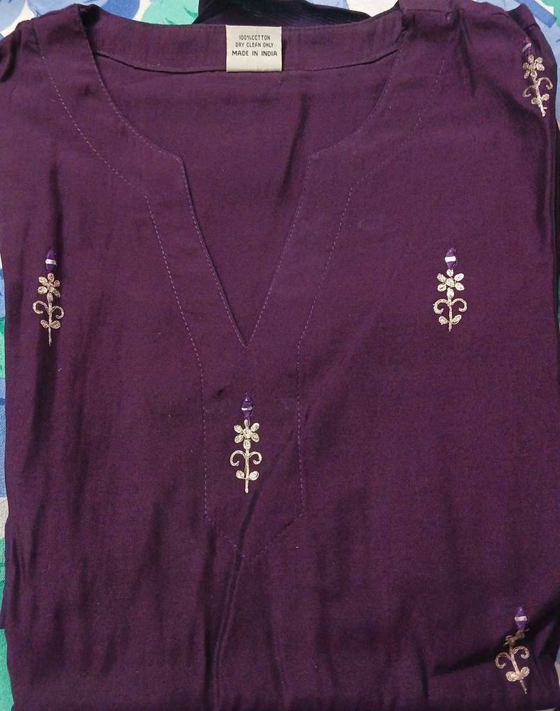 Purple Embroidered Cotton Kurta