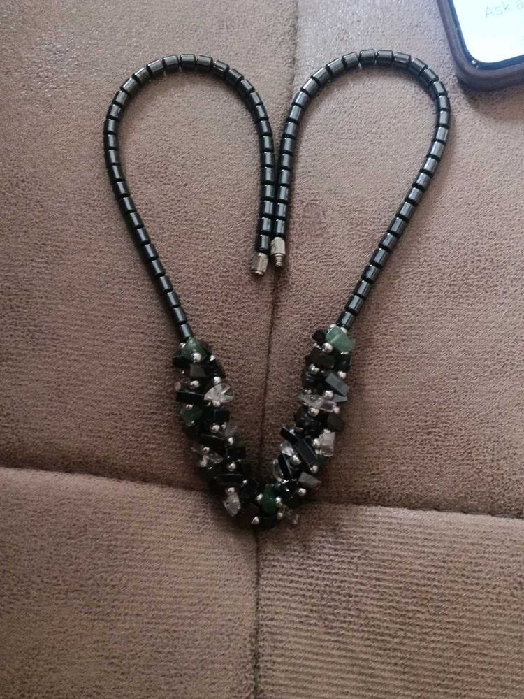 2 piece vintage hematite beaded necklace with gree