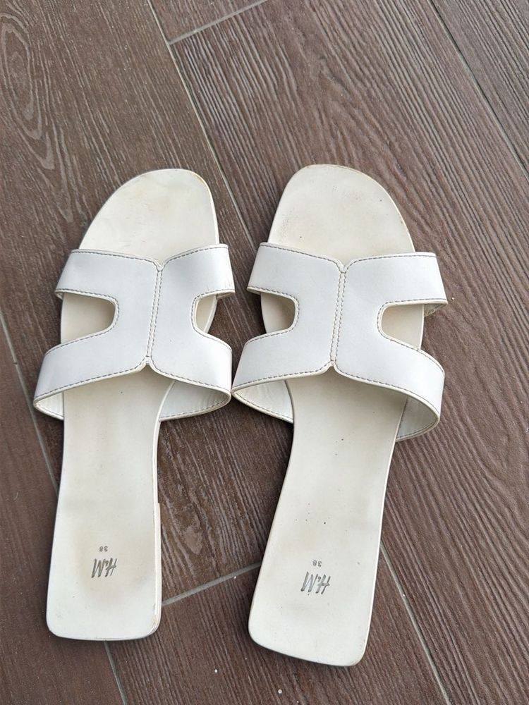 White H-Strap Flat Sandals