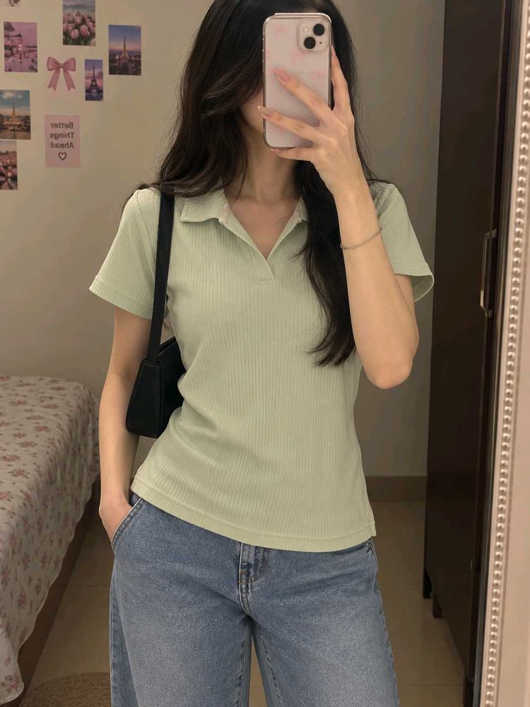 Light Green Ribbed Polo Top | Casual