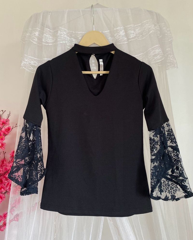 Elegant Black Top with Lace Bell Sleeves