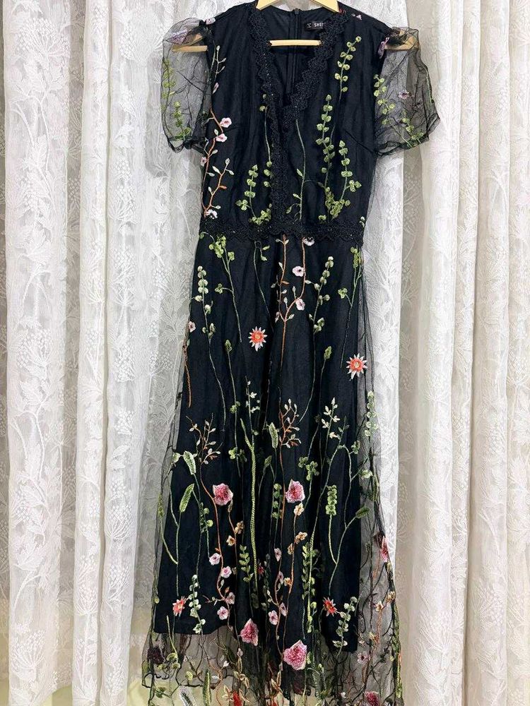 Shein Chic Embroidered Black Mesh Dress