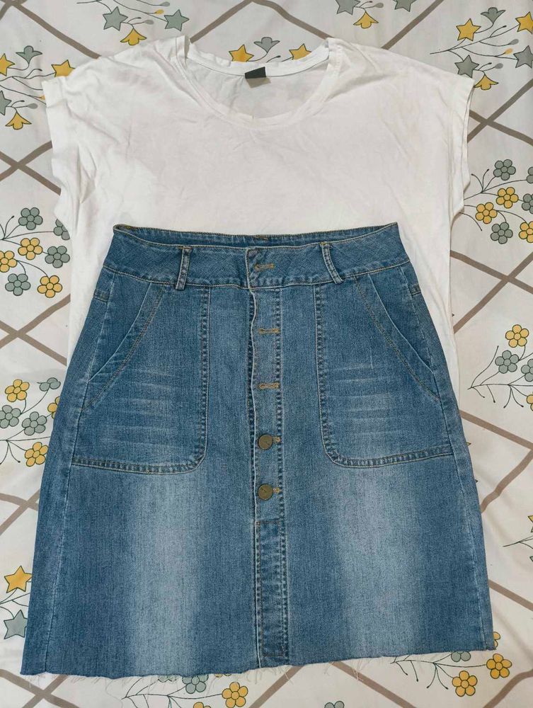 Classic Denim Skirt &amp; Basic Tee