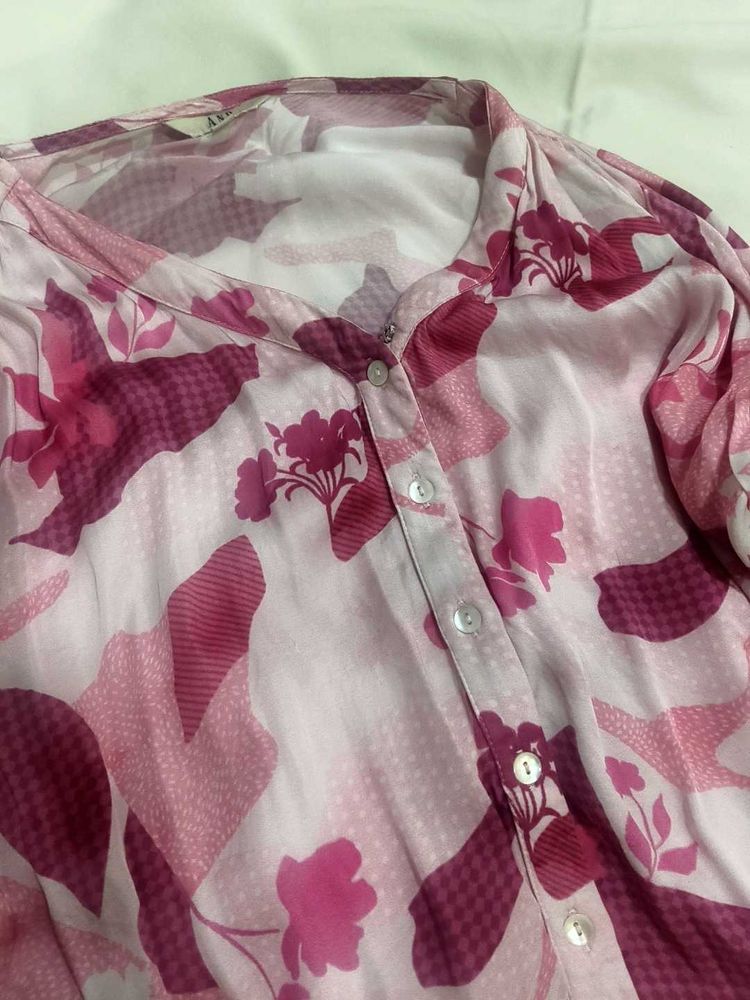 Pink Floral Print Sheer Blouse