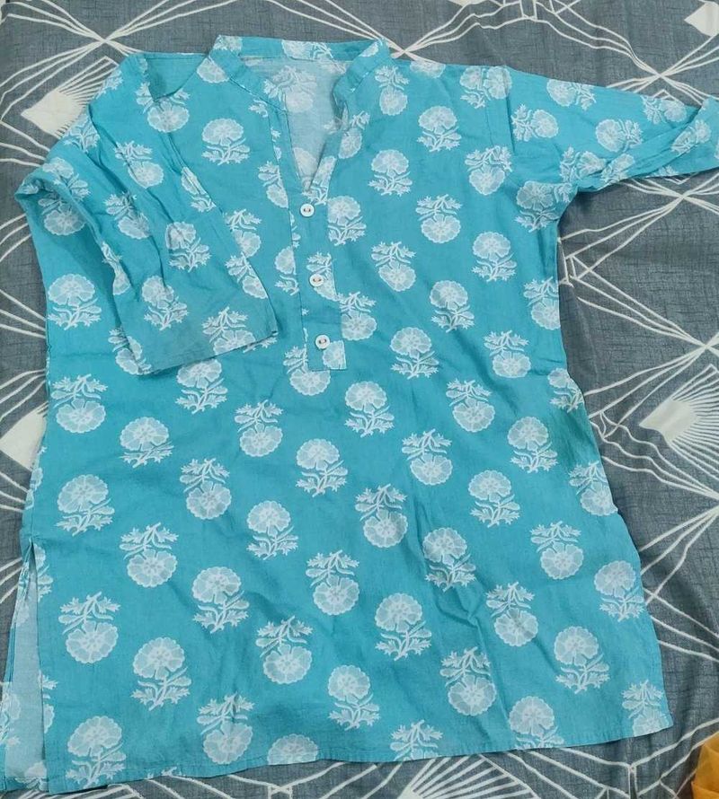 Aqua Blue Block Print Kurta