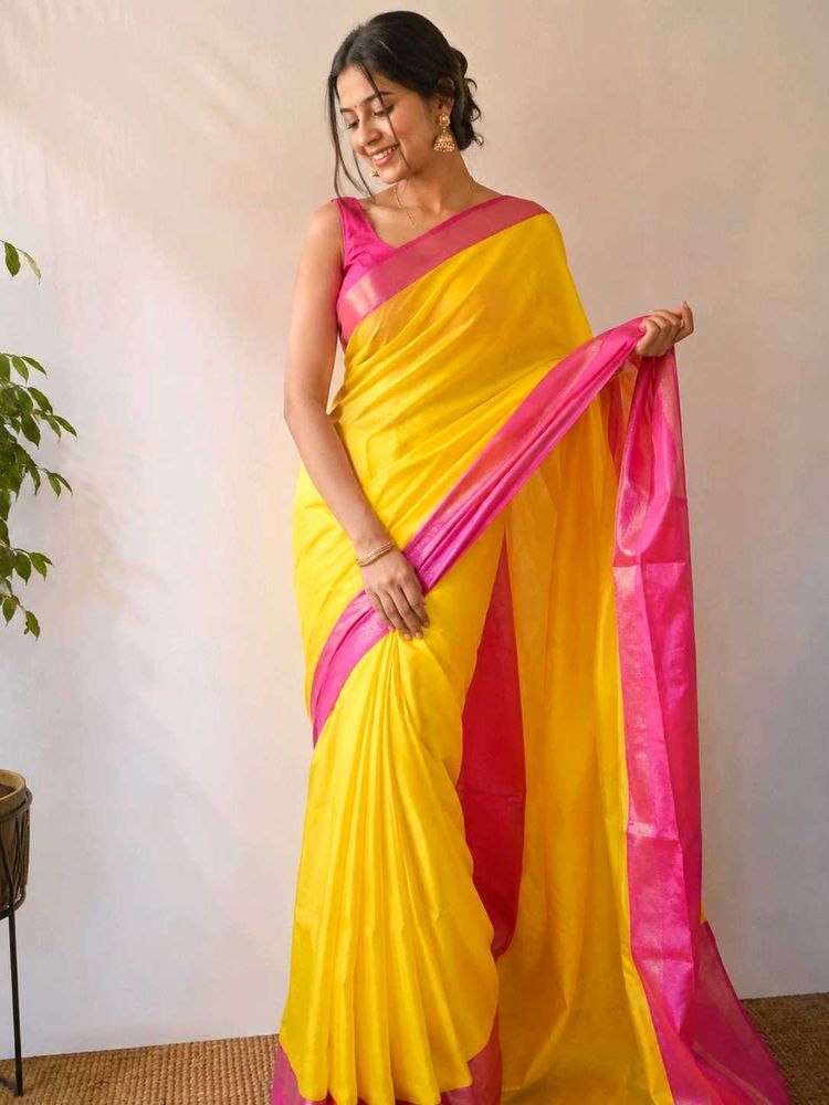 Vibrant Yellow Silk Saree with Pink Border