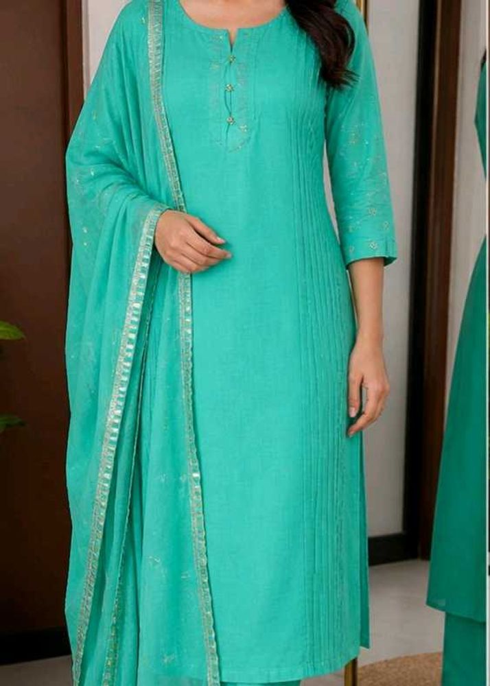 Premium Mul Chanderi Kurti Pant Dupatta Suit Set.