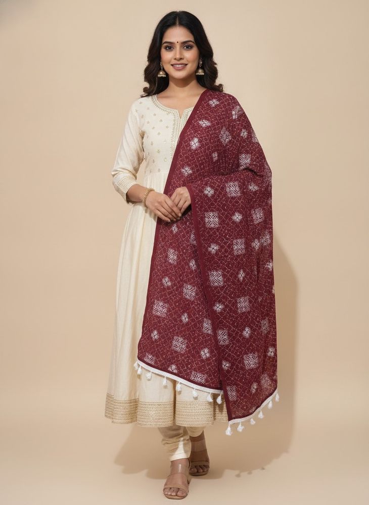 Maroon Printed Dupatta with Tassels