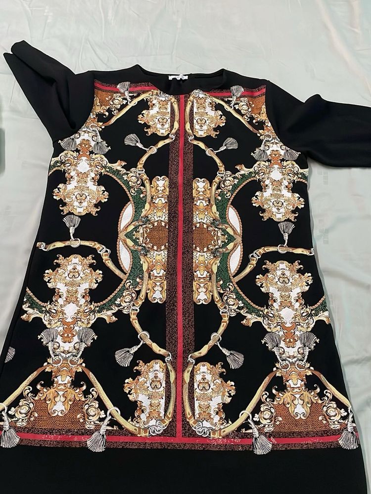 Elegant Black Baroque Print Dress
