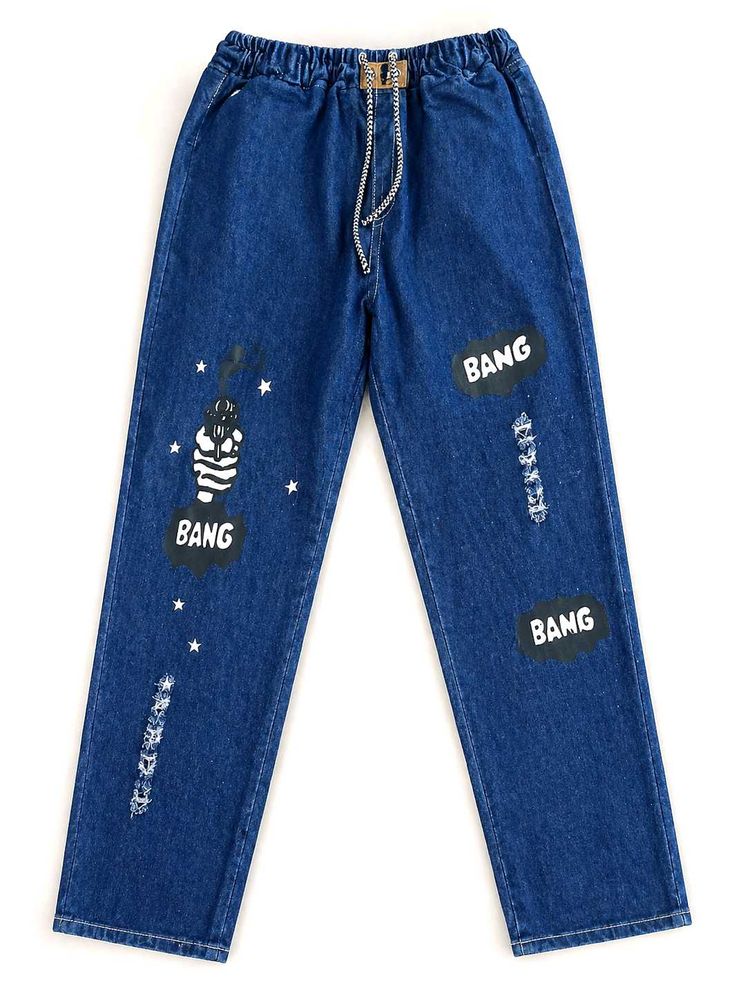 Blue Denim Jogger Pants with Print