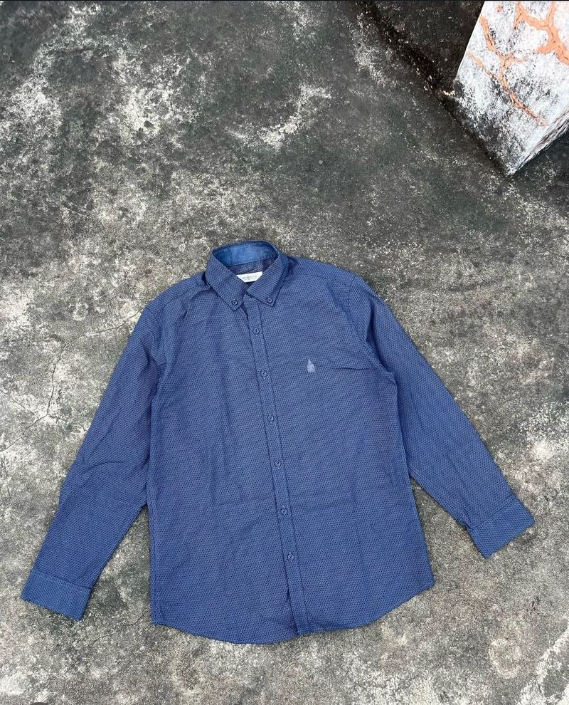 Men's Blue Printed Button-Down Shirt
