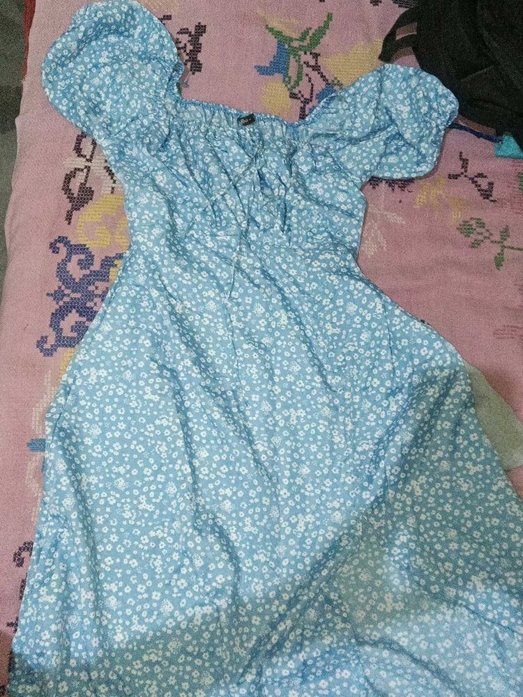 Cute Blue Floral Puff Sleeve Dress