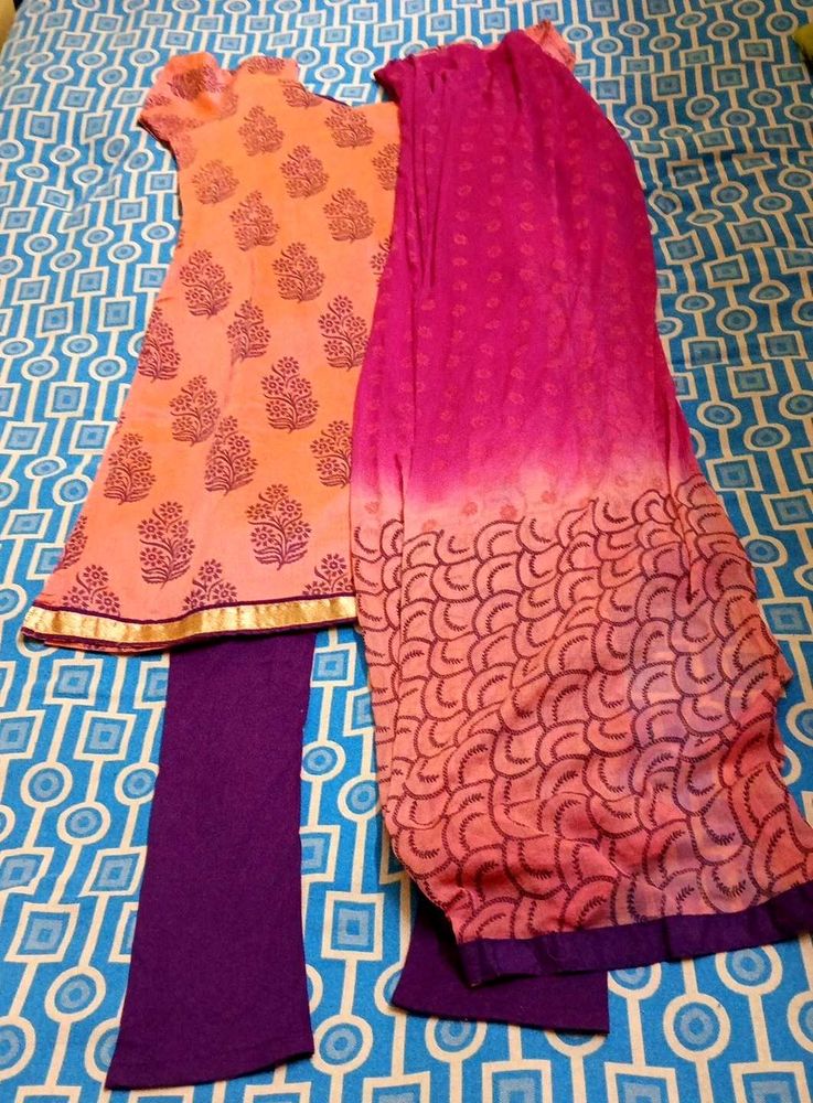 Peach Block Print Kurta Set with Dupatta