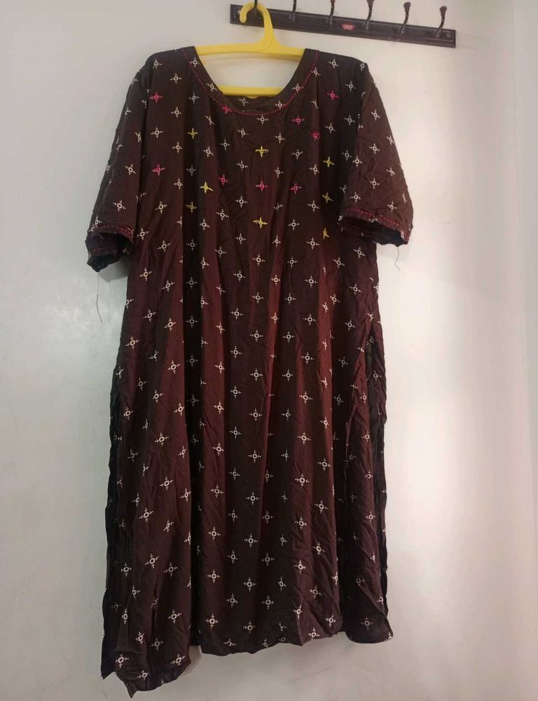 Brown Embroidered Long Top / Kurti 4XL