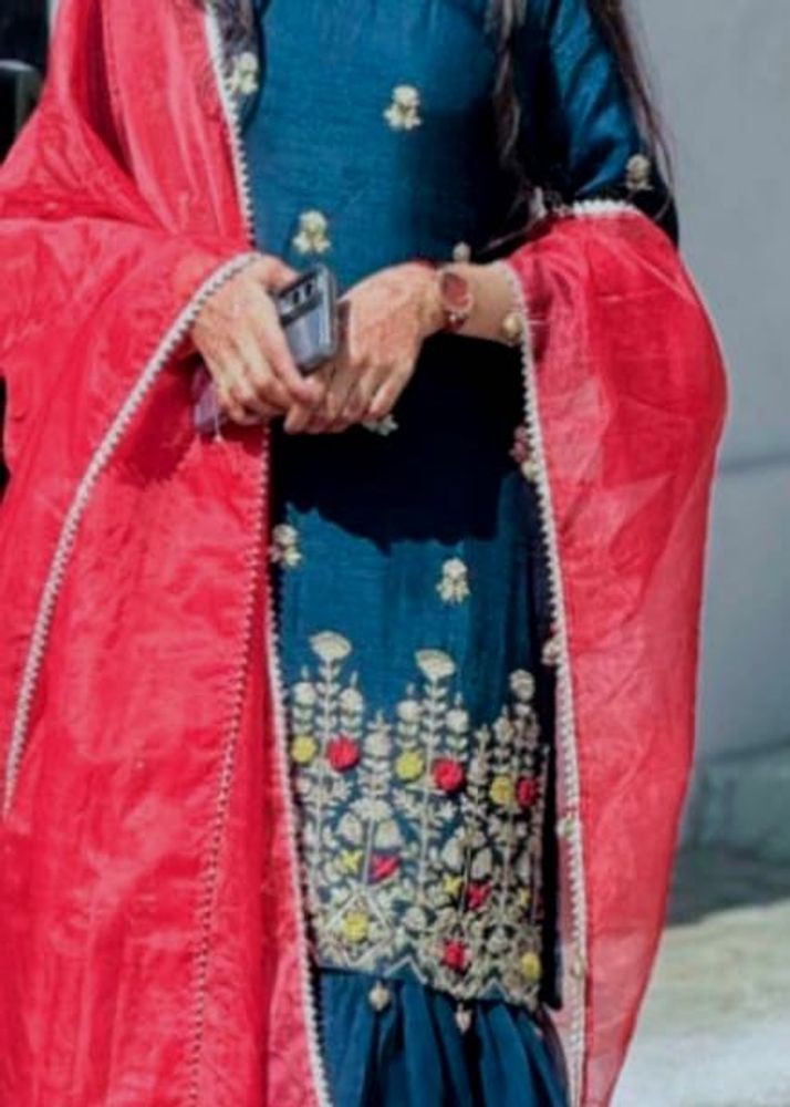 Embroidered Teal Kurta Set with Red Dupatta