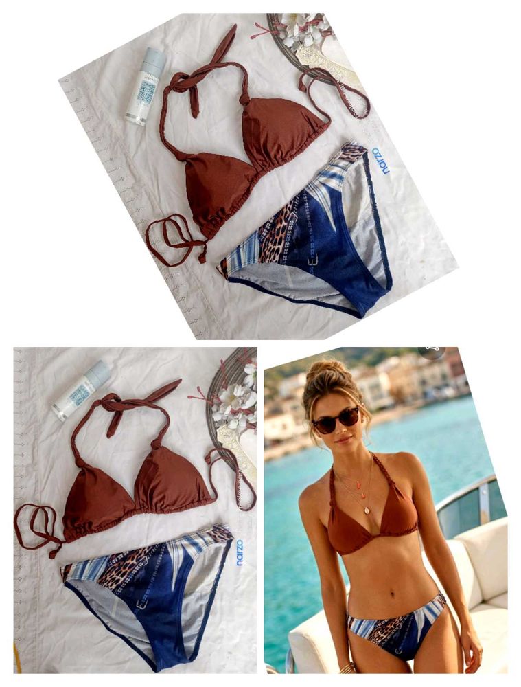 Bikini Set - Brown Top &amp; Patterned Bottoms