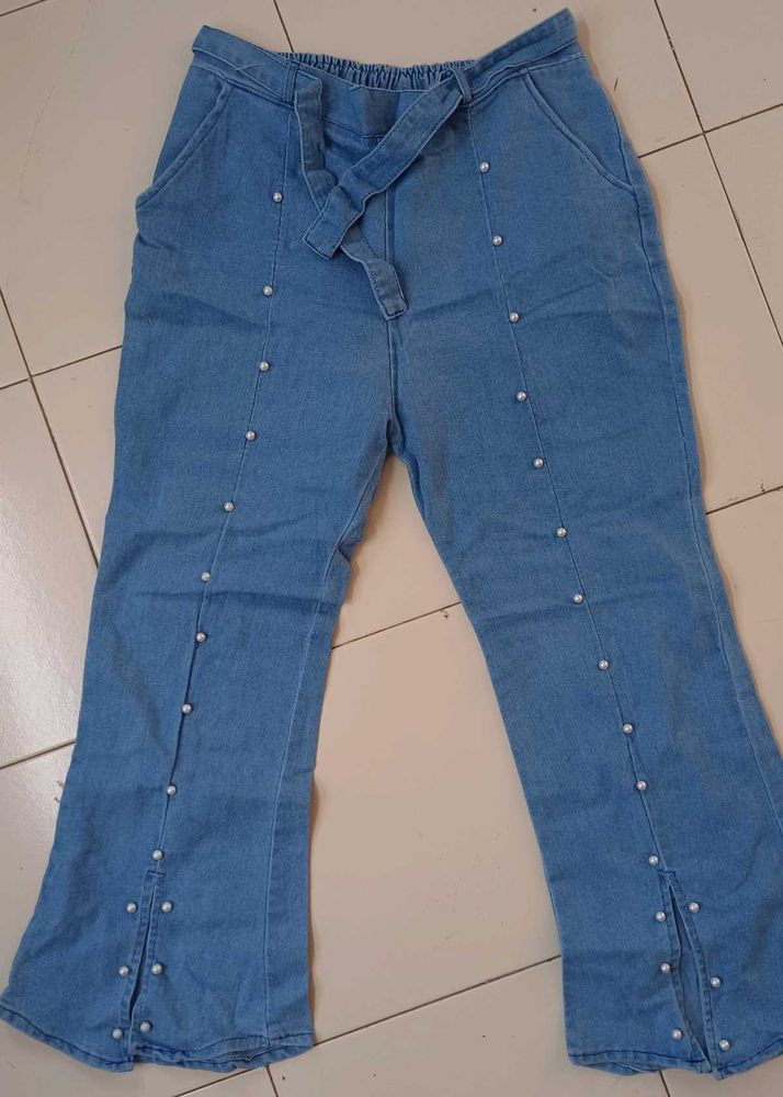 Pearl Embellished Denim Flares
