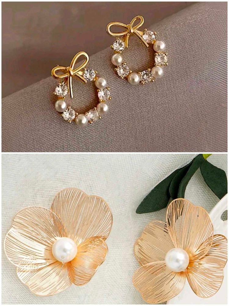 Elegant Gold Tone Pearl &amp; Crystal Earrings
