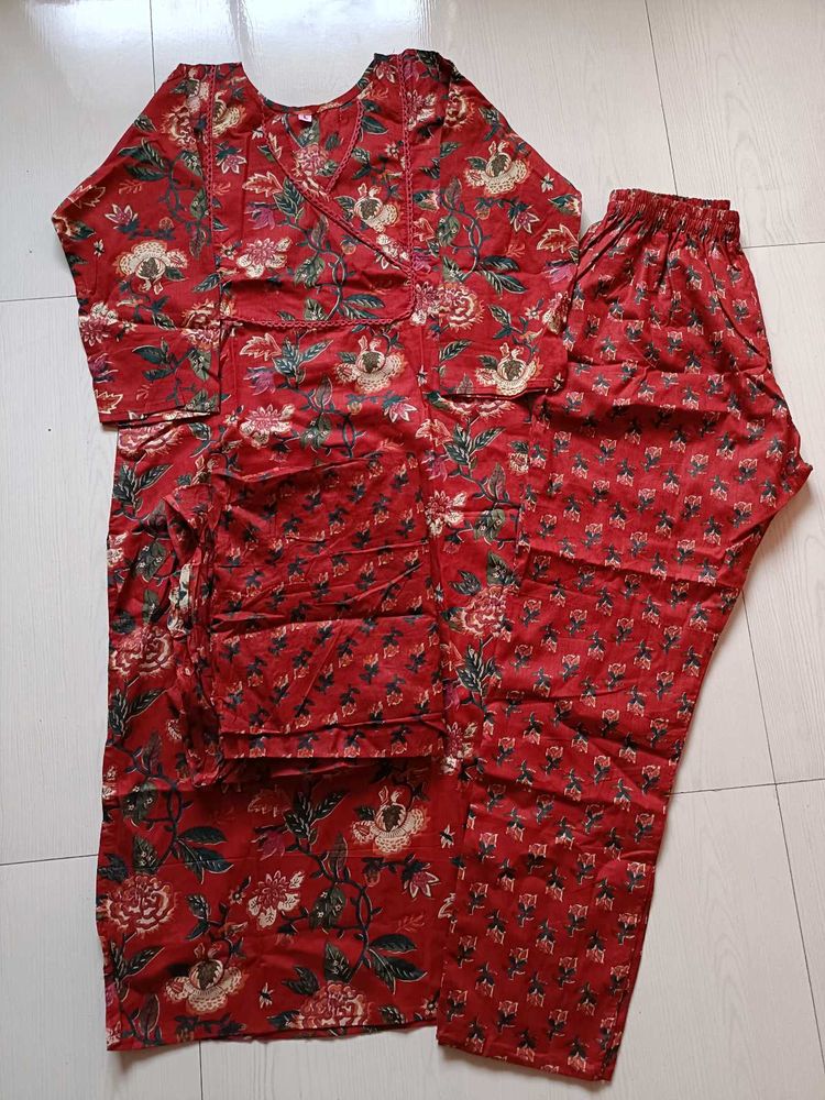 Red Floral Print Kurta Set
