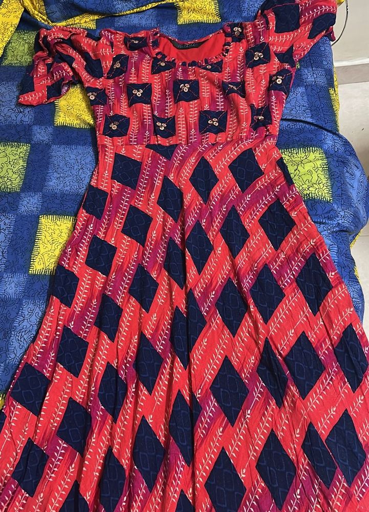 Stylish Red &amp; Blue Printed Ethnic Dress