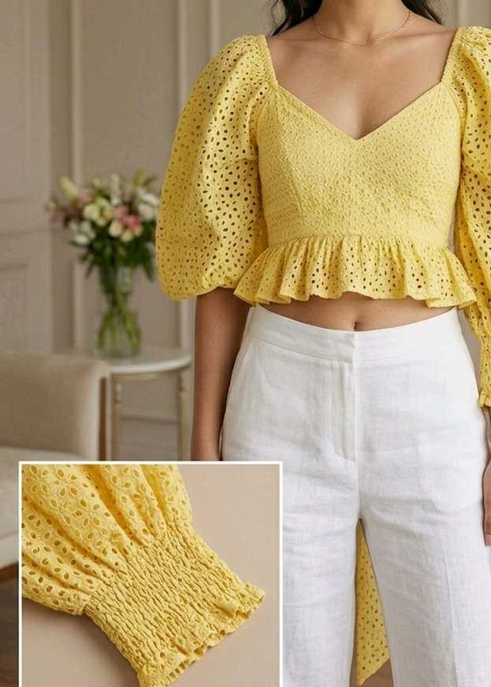 Yellow Eyelet Peplum Top