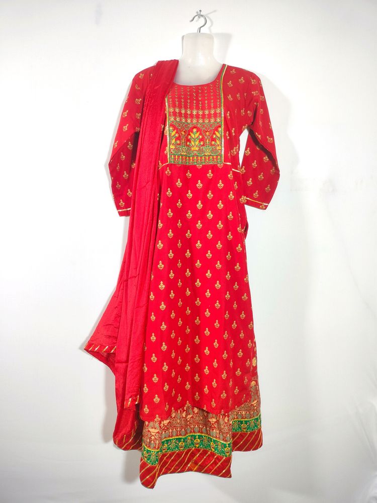 Red Print Skirt And Kurta Sets (Women's)