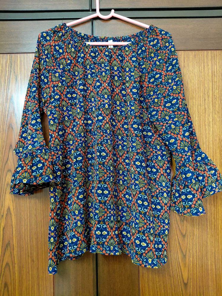 Stetchable Boho Print Bell Sleeve Top size L
