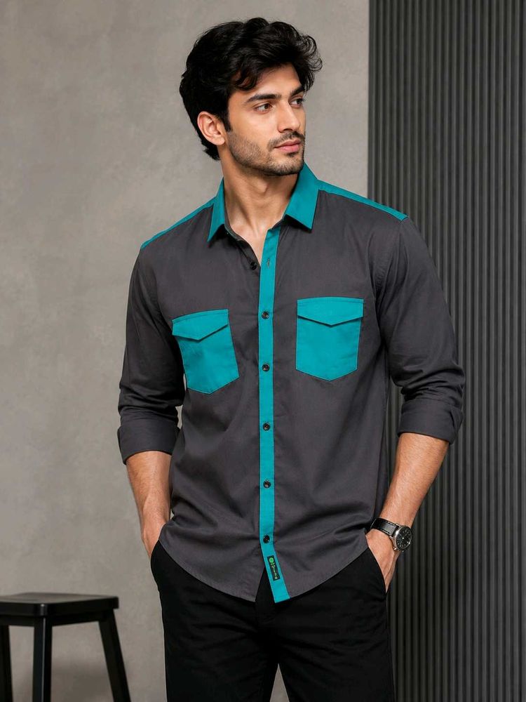 Men's Stylish Grey &amp; Teal Button-Down Shirt