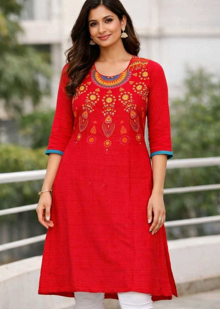 Red Embroidered Kurta