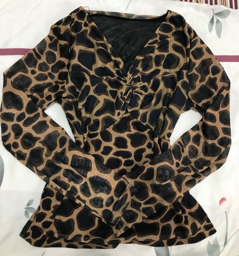 Leopard Print Twist Front Mesh Top