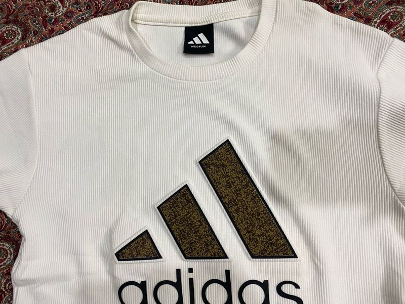 Adidas White Ribbed Logo T-Shirt