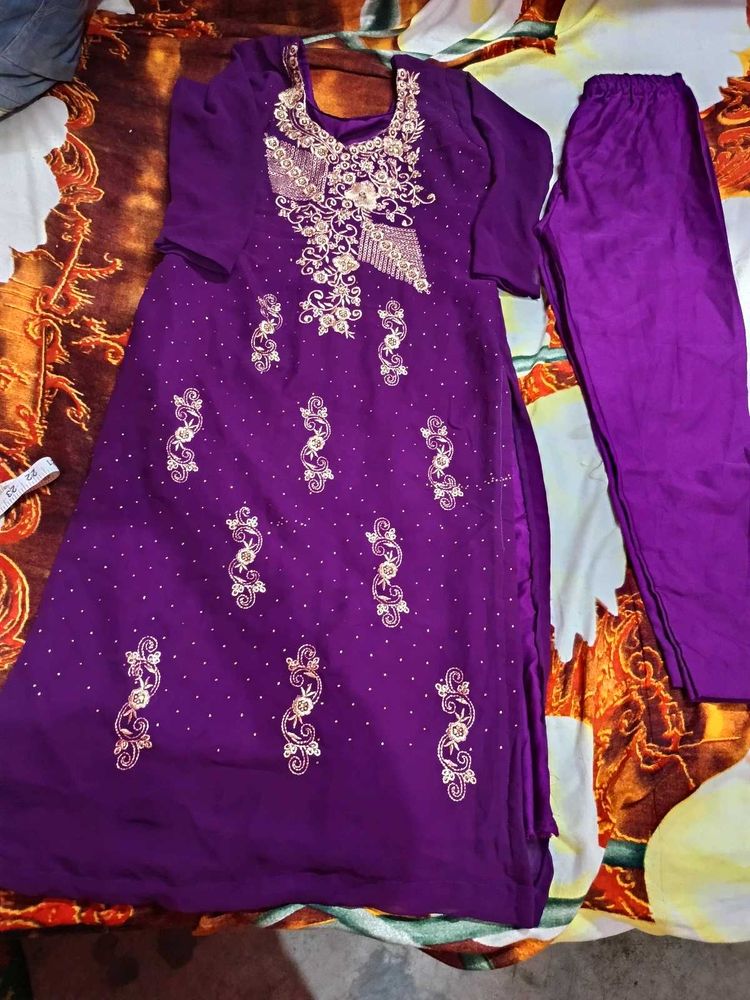 Purple Embellished Kurta bottom set