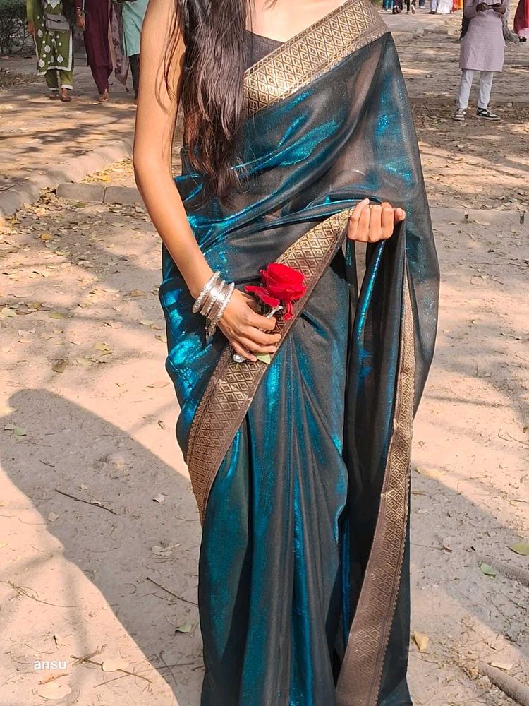 Elegant Teal &amp; Black Saree with Gold Border