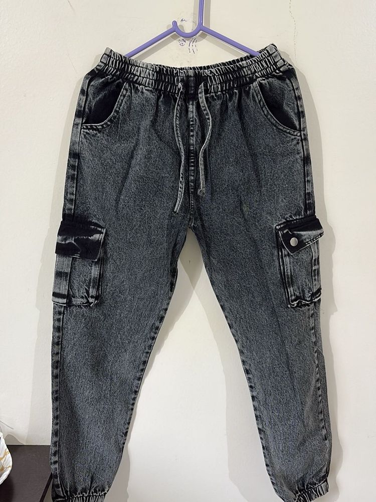 Acid Wash Denim Cargo Joggers