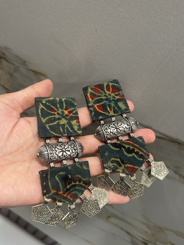 Handmade Block Print Silver Earrings