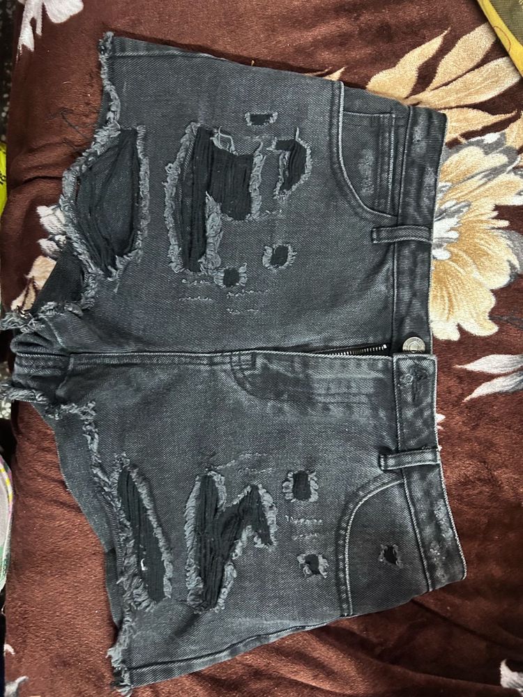 Distressed Black Denim Shorts