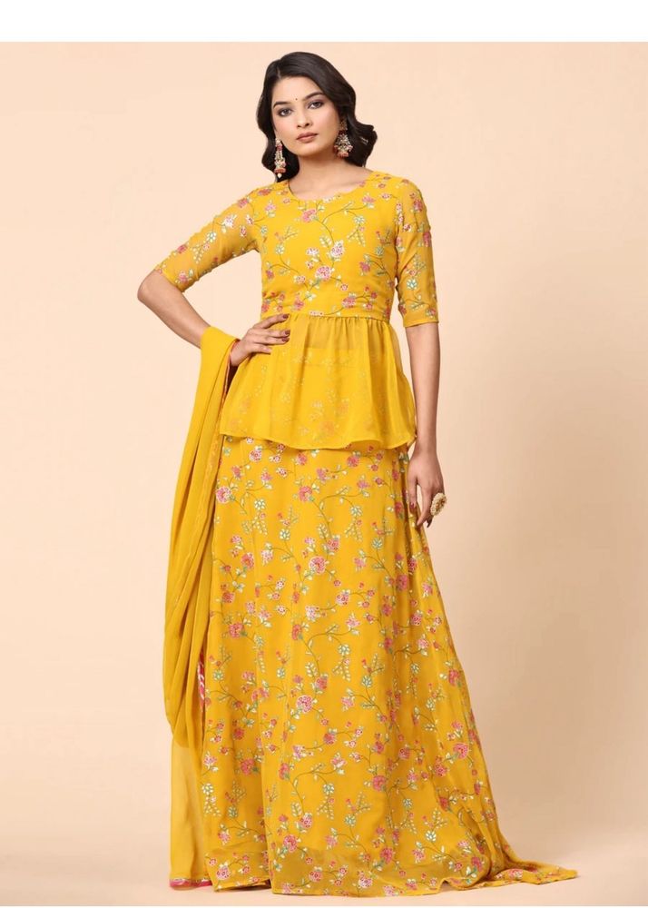 Yellow Floral Peplum Lehenga Choli Set