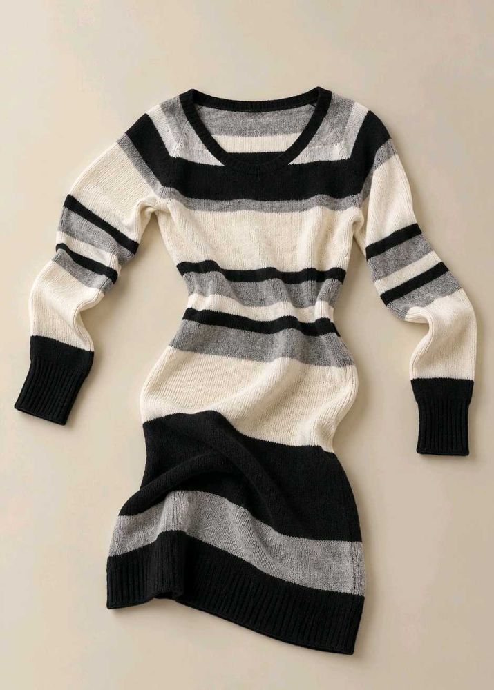BLACK GREY &amp; WHITE STRIPED KNIT BODYCON SWEATER
