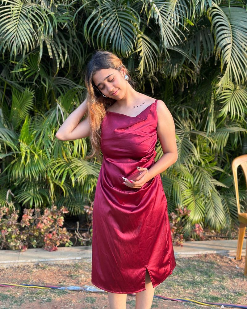 Satin Midi Dress with Cowl Neck